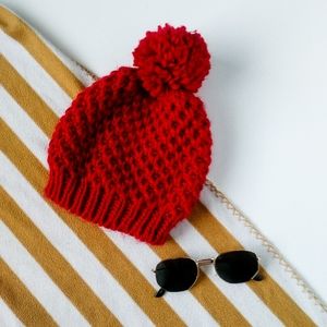 Old Navy Red Chunky Knit Beanie Hat Fuzzy Ball
